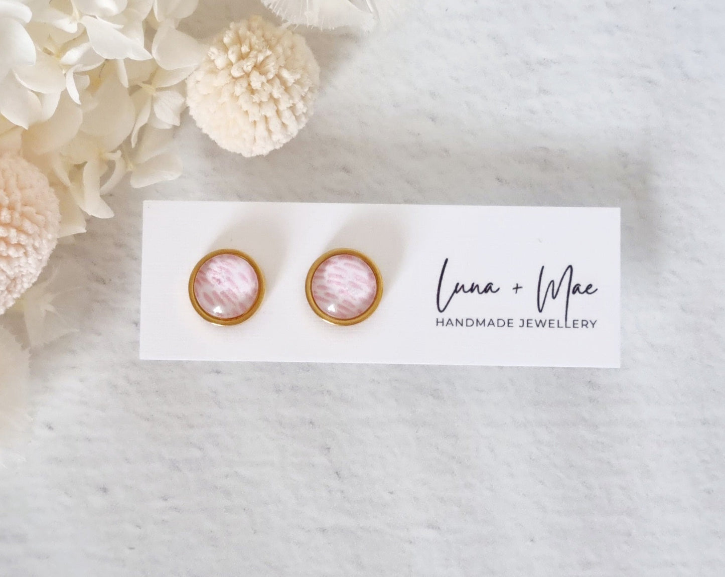Bezel Pink Feather Gold Stud - Luna + Mae