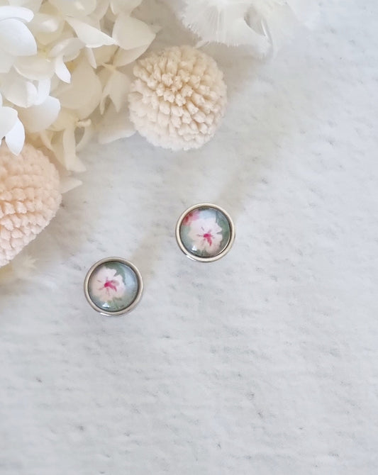 Bezel Hibiscus Pink Silver Stud - Luna + Mae