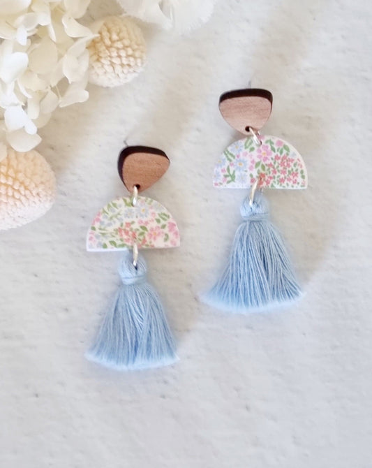 Tassel Floral Light Blue Dangle Earrings