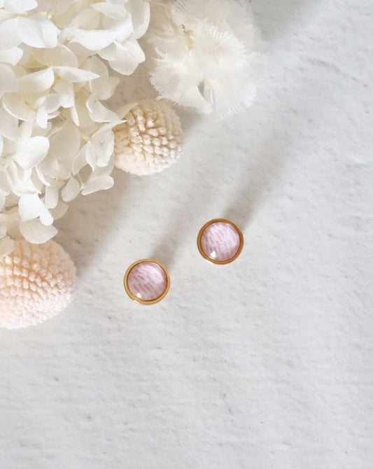 Bezel Pink Feather Gold Stud Earrings