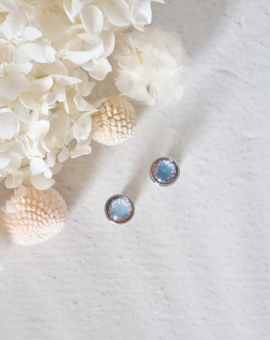 Bezel Pink Dot Silver Stud Earrings