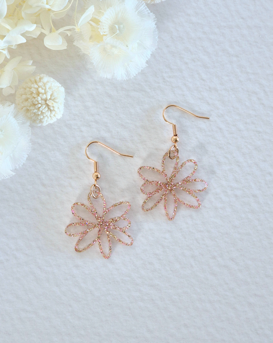 Bloom Rose Gold Glitter Daisy Dangle Earrings