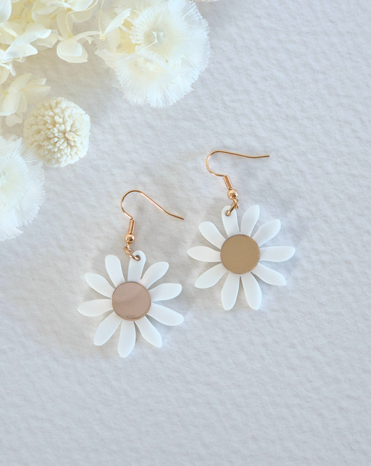 Bloom White + Rose Gold Daisy Dangle Earrings